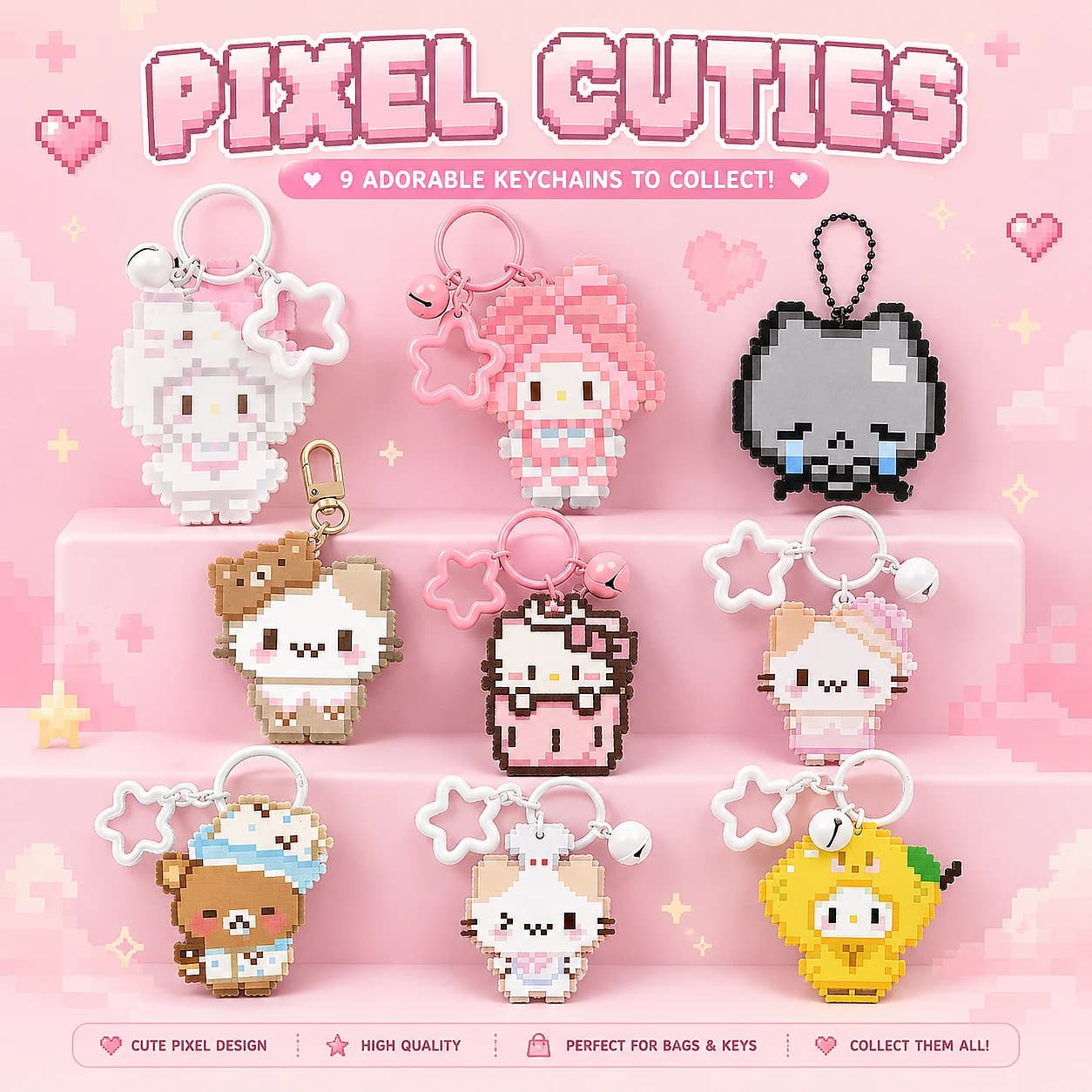 Kawaii Pixel Acrylic Keychain Bundle – 9 Cute Character Charms Set