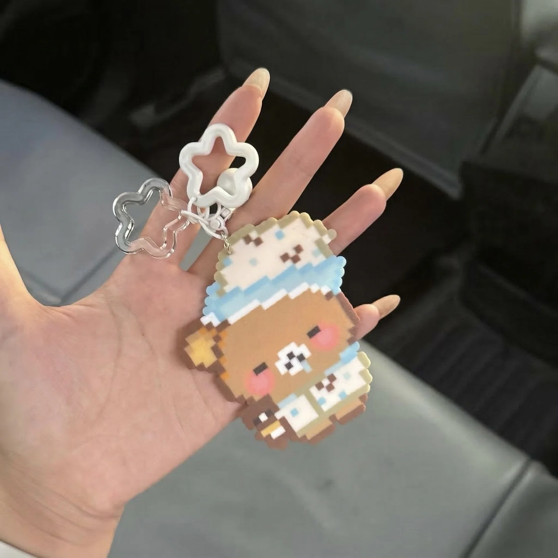 Pixel Bear Star Charm Keychain