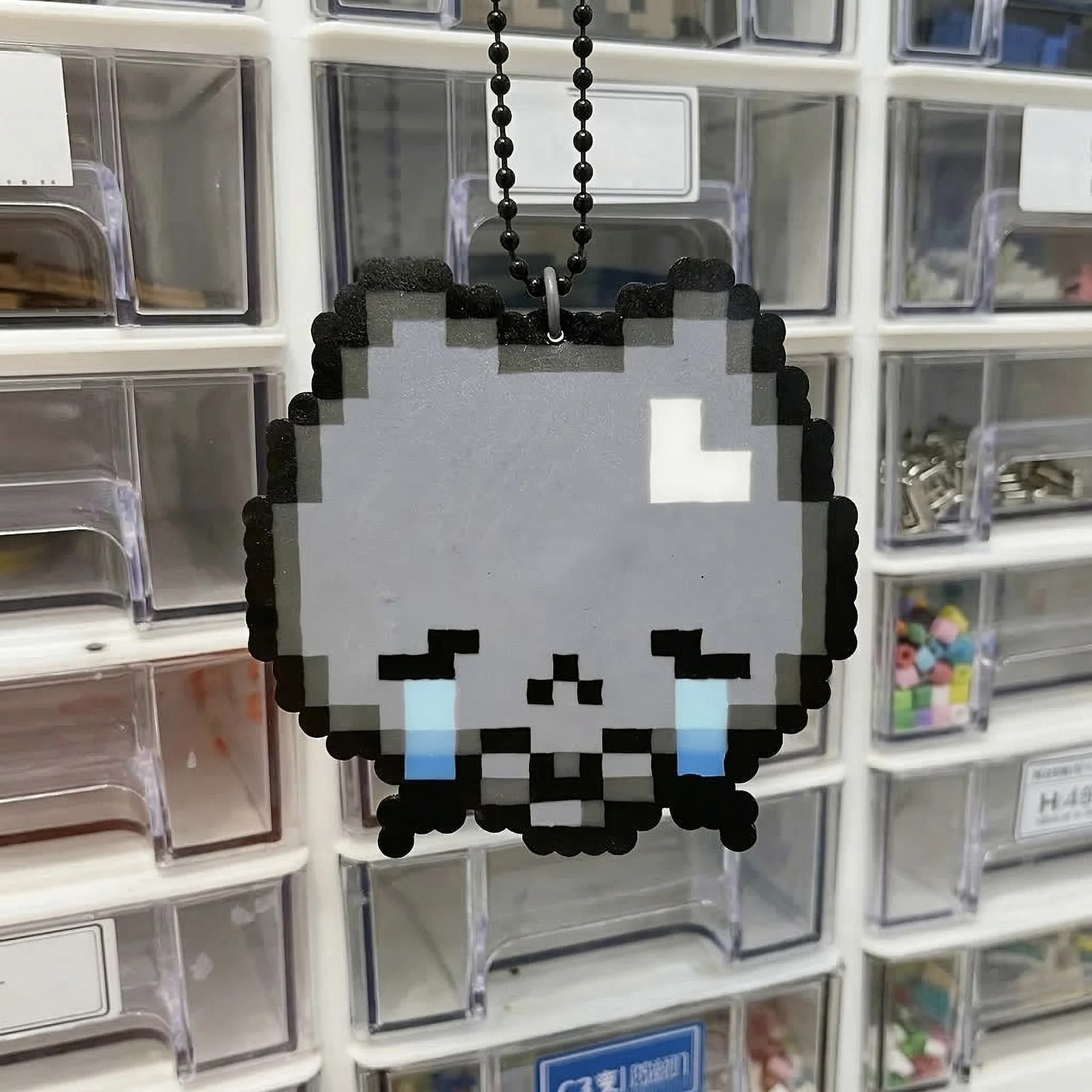 Pixel Grey Crying Kitty Keychain